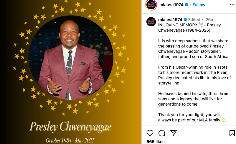 South Africa Mourns the Loss of Beloved Actor Presley Chweneyagae